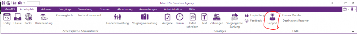 MeinTES Menü: Arbeitsplatz → Support